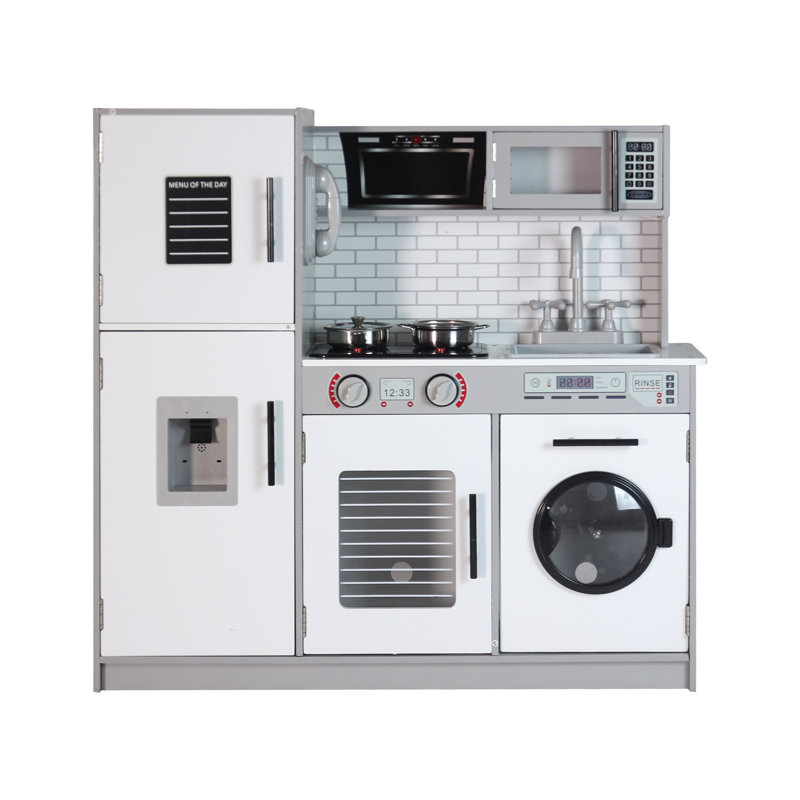 Grey Wooden Modular Toy Kitchen with Writing Board, Stove, Sink, Drink Machine, Washing Machine, and Phone
