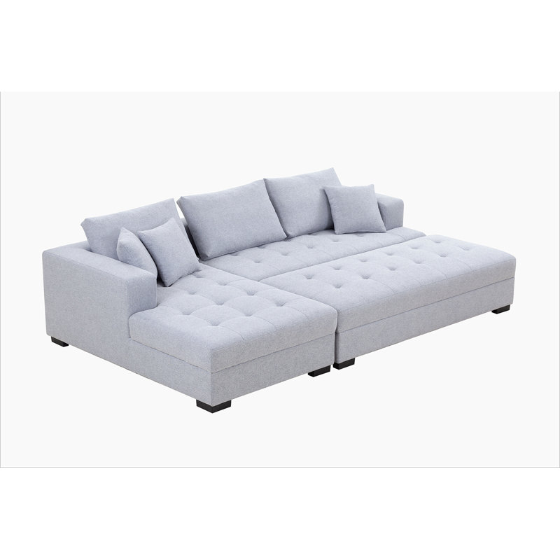 Ensemble de canapé modulaire en L à 3 sièges avec méridienne et banc de table basse avec repose-pieds, Tissu gris pâle