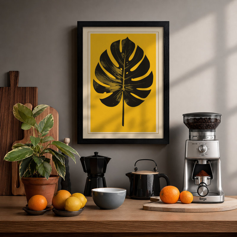 Monstera In Gold Botanical - Print, Black, A3 - 42.0 x 29.7 cm