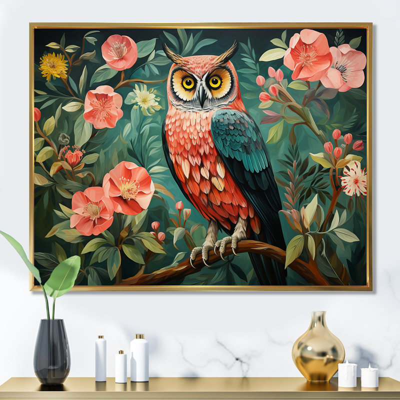 «Pink and Gren Owl In Matisse Style I», art mural hibou, Cadre flottant doré, H 24 po x l 32 po x P 1 po