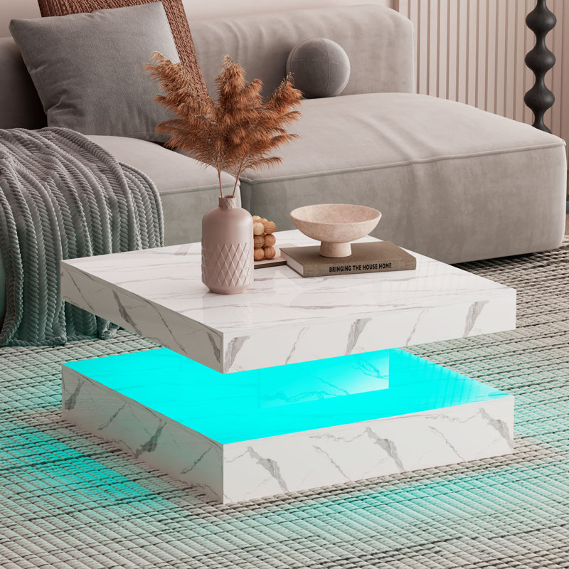 Table basse DEL avec rangement Moderne avec lumières DEL réglables, Effet marbré blanc, H 15,7 po x L 30,7 po x l 30,7 po