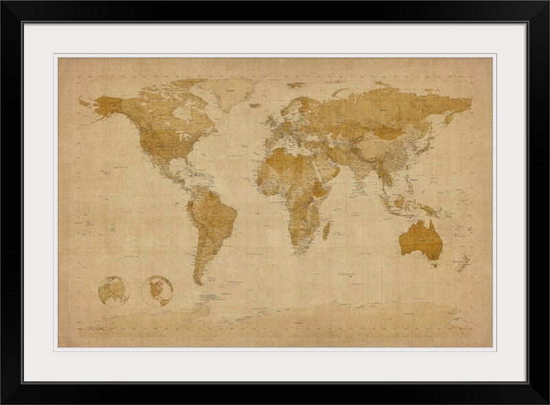 «Cartes du monde par Deschamps, impression, H 28 po x l 38 po x P 1 po, Cadre noir