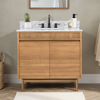 Aaston 37 In. Single Sink Bathroom Vanity In Natural Teak With Carrara White Marble Top