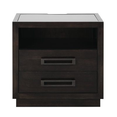 Élégante table de chevet pour chambre à coucher à 2 tiroirs, à DEL, avec rangement, finition gris anthracite et plateau en verre avec 2 tiroirs, port, prises de courant, encastrée