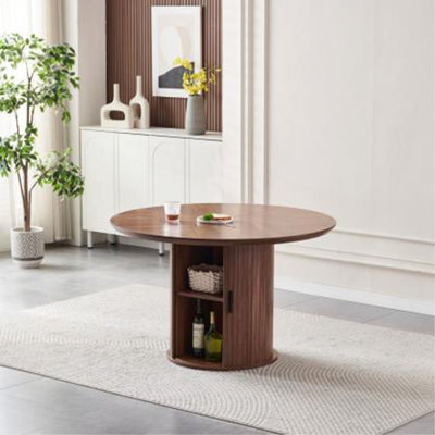 Round Dining Table With Two Layers Of Storage Shelves. Wood Tea Desk, Flexible-Opening Storage Door. Large Storage Space, Living Room Or Kitchen
