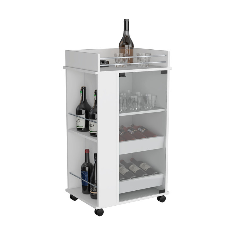Chariot-bar avec porte vitrée, 2 tablettes latérales et roulettes, blanc, Blanc