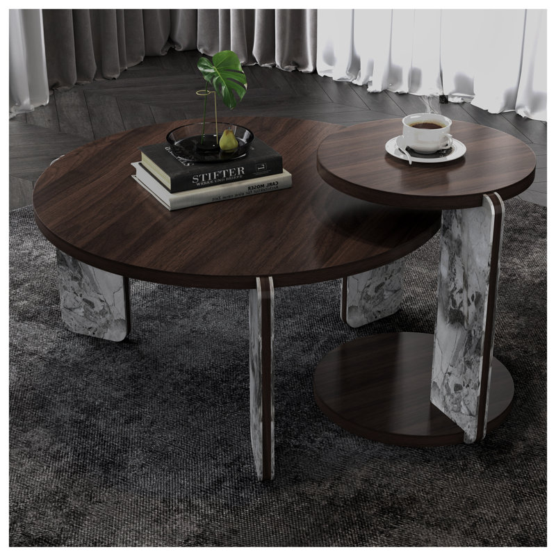 Ensemble de tables basses gigognes modernes en noyer avec base en pierre frittée, H 16,02 po x l 32,68 po x P 32,68 po