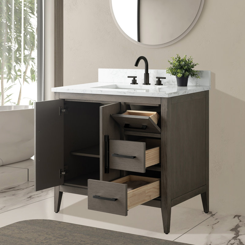 Meuble-lavabo simple 36 po avec plateau en marbre Chambery, Bois flottant gris, Noir mat