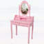 Ensemble de coiffeuse avec miroir et tabouret rembourré Pink Princess, coiffeuse en bois à 4 tiroirs pour chambre de fille, coiffeuse avec beaucoup de rangement
