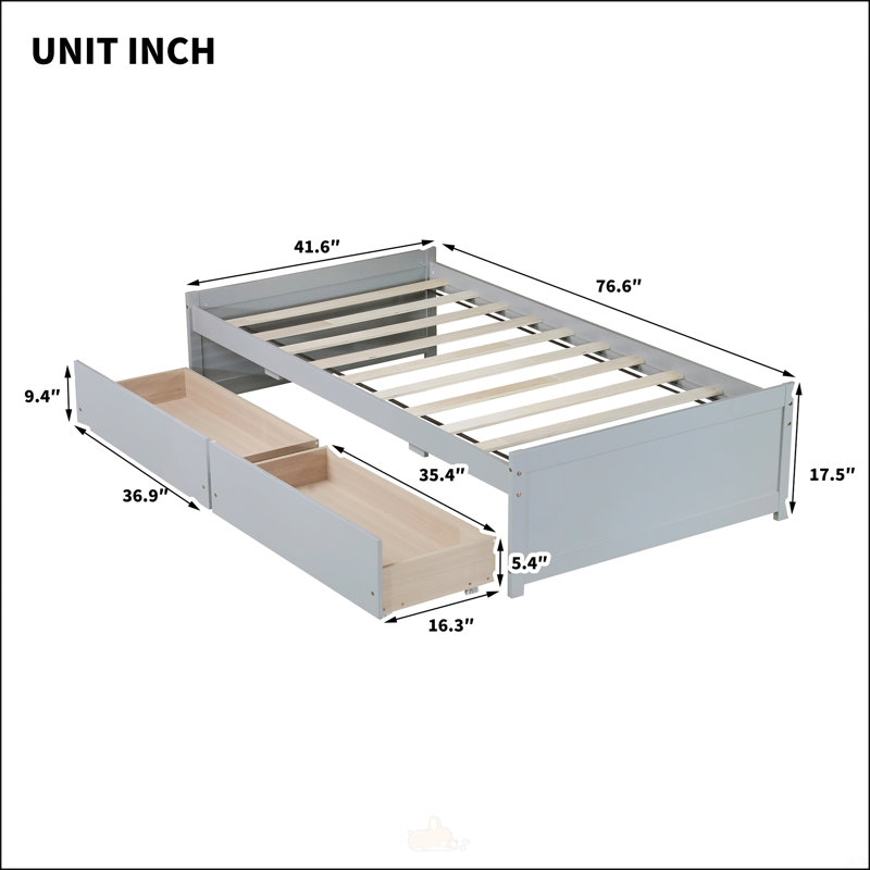 Lit simple avec 2 tiroirs, Gris