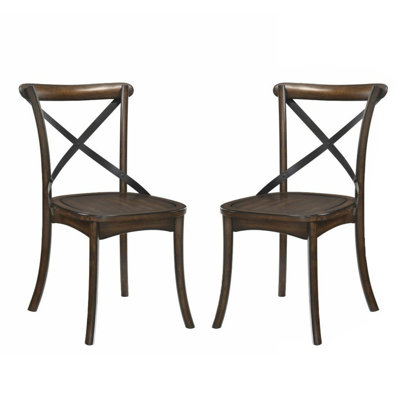Set of 2 X Metal Back Side Chairs, Dark Oak Wood Seat & Flared Legs Dining Chairs