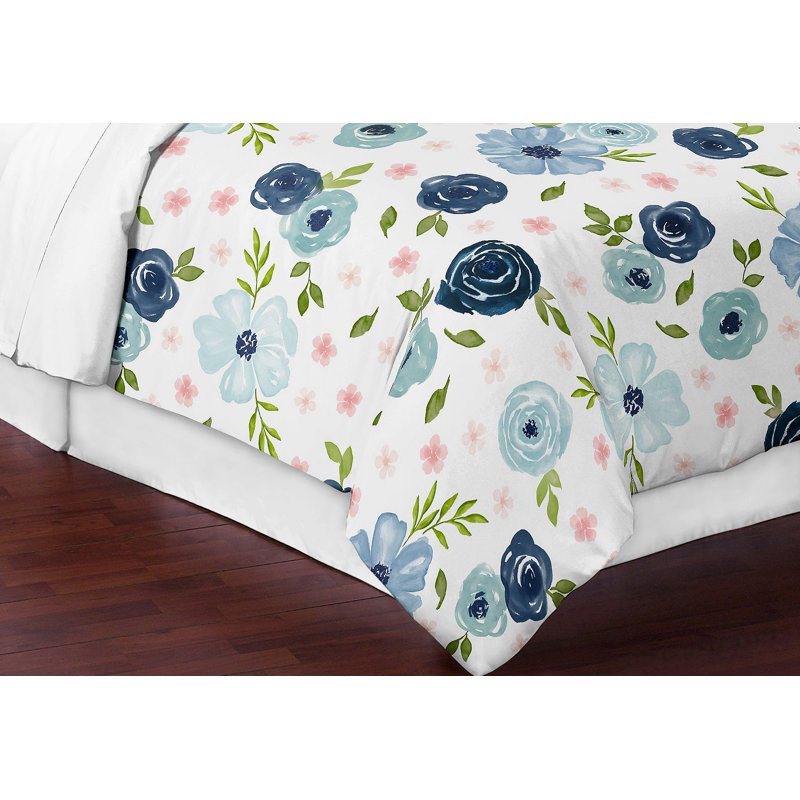 Full Blue Microfiber Floral Comforter Set for Girls