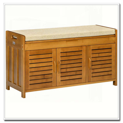 Banc à chaussures avec armoires de rangement, banc d'entrée en bambou avec coussin de siège, 3 portes et compartiment caché pour le couloir, brun