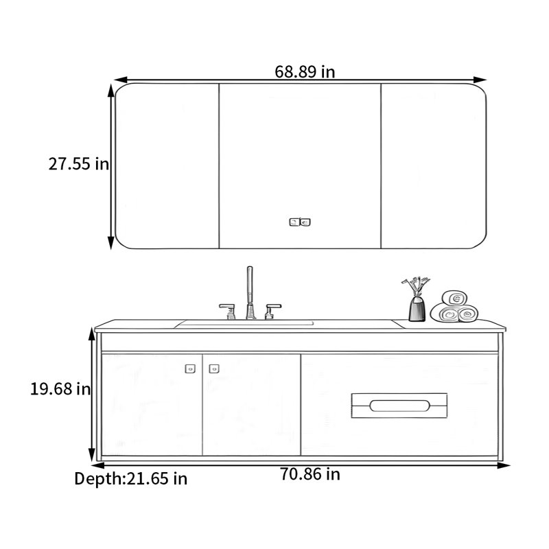 Nouvelle armoire de salle de bain de style chinois, H 19,68 po x l 70,86 po x P 21,65 po