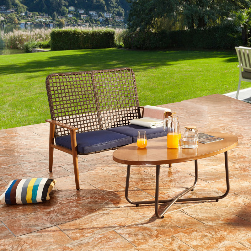 2-Piece PE Wicker Patio Conversation Set With Oval Coffee Table, Blue