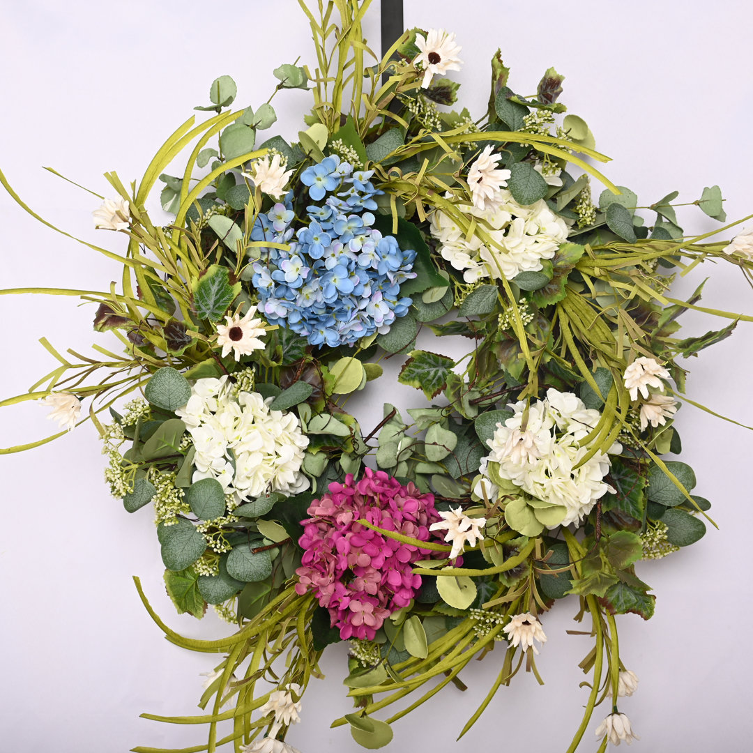 26" Faux Hydrangea Floral Wreath for Front Door Primrue Wreath 