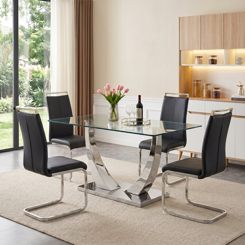 Table de salle à manger rectangulaire moderne en verre trempé de 63 po avec base chromée, Argent