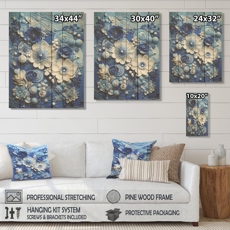 Carreaux botaniques bleus et blancs II - Botaniques sur bois, H 32 po x l 24 po
