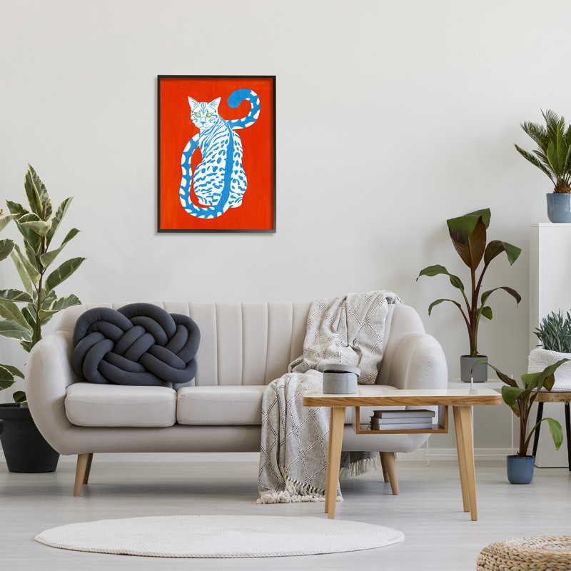 «Blue Gazing Cat», conception moderne audacieuse giclée et encadrée par Grace Popp_aq-385, H 30 po x l 24 po x P 1,5 po