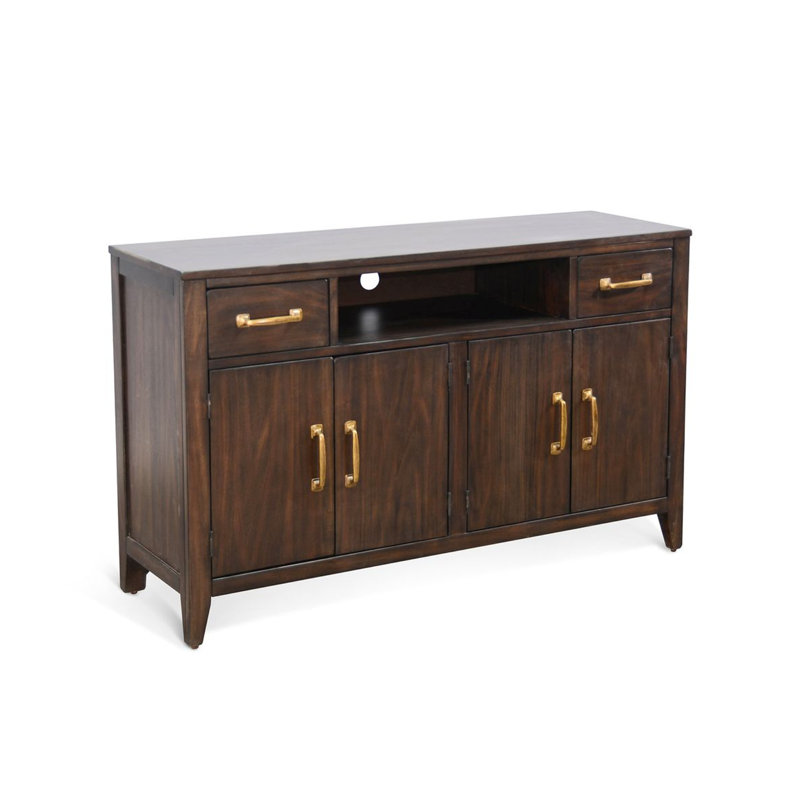 Console média Karen, 2 tiroirs 4 portes, brun 52 po, détails dorés, H 32 po x L 52 po x l 16 po