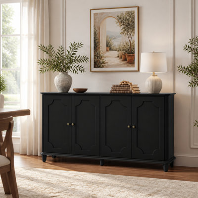 63" Farmhouse Sideboard Buffet Cabinet with 4 Decorative Curved Doors, Distressed Black Storage Credenza