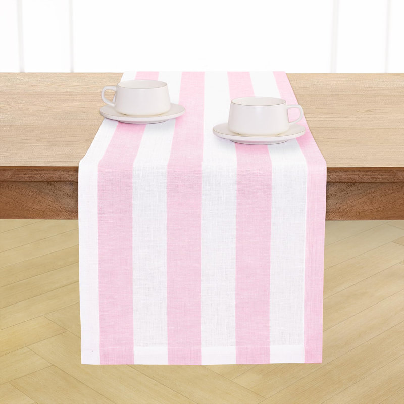 Cabana Stripe - 100% Pure Linen Table Runner, 36" x 14", Cherry Blossom/White
