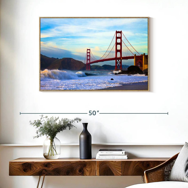 Golden Gate Bridge, San Francisco, Cadre flottant en bois naturel, 37 po x 25 po