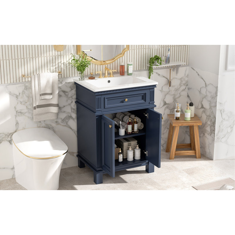 Armoire de salle de bain 24 po avec portes à fermeture douce et tablette réglable, meuble-lavabo avec lavabo en céramique