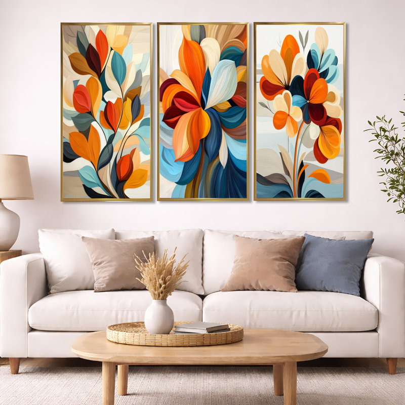 Mid Century Enchanted Bloom Flowers - Orange Abstract Floral, art mural 3 pièces, Cadre flottant doré, H 32 po x l 48 po