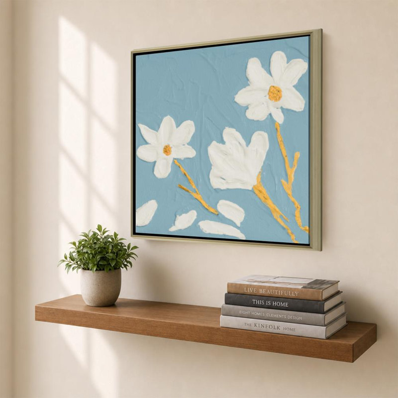 «Petite White Bloom I» par Sundance, impression sur toile, 36" H x 36" W, Cadre flottant biseauté, Champagne