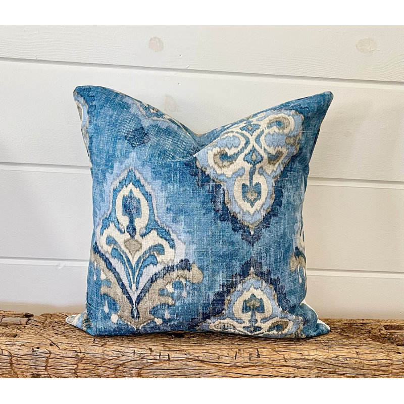 Housse de coussin en médaillon beige et bleu, Carré, H 15 po x l 15 po