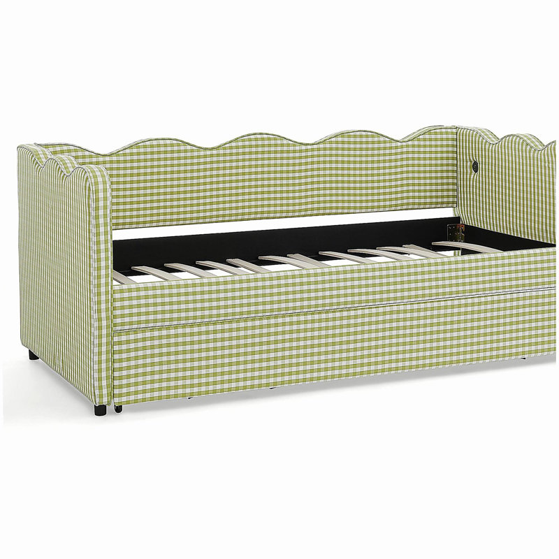 Cozy Gingham Daybed with Trundle Twin Size Sofa Bed No Box Spring Needed, with USB Port and Adorable Wave Shaped, Linen Fabric, Green