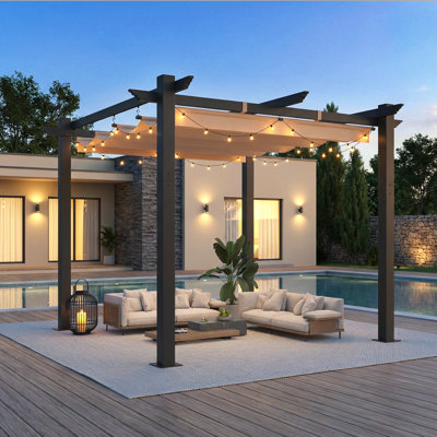 Erommy 10' X 10' Outdoor Pergola With Retractable Canopy, Heavy-Duty Metal Frame And Adjustable Patio Shade Roof, Khaki