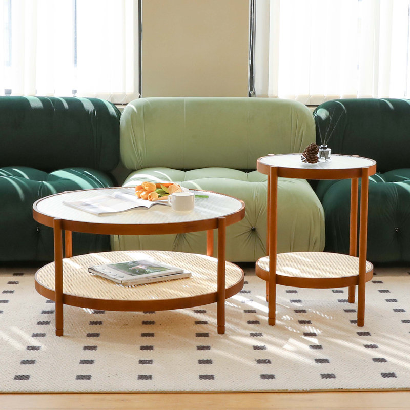 Brown Wooden and Rattan Nesting Coffee Table Set