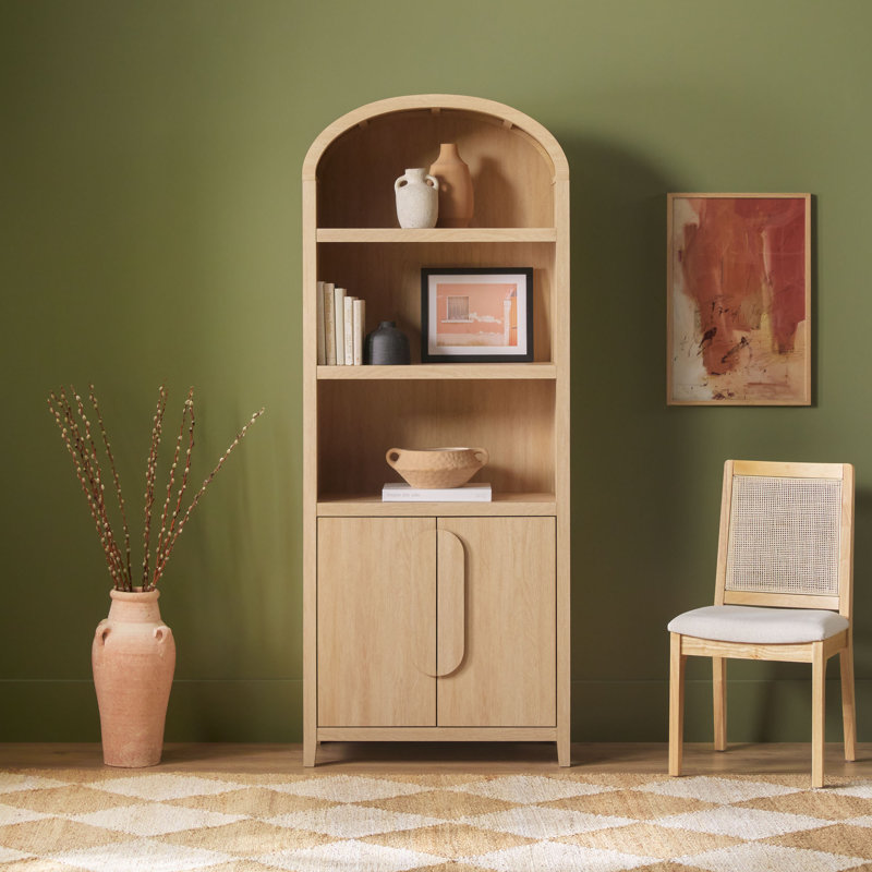 Sitarski 76" H x 30" W Modern Arched Bookcase with Statement Cabinet, Coastal Oak