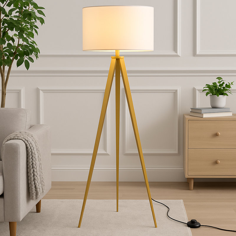 Cardone 60" Tripod Floor Lamp with Drum Shade and Foot Switch – Gold Legs/White Shade, White
