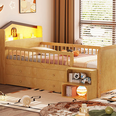 Lit mezzanine bas avec lumières DEL, lit mezzanine simple en bois avec tête de lit en forme de maison, lit mezzanine pour enfants avec tiroirs de rangement, (date d’arrivée prévue le 2025/1-20)
