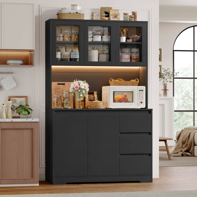 Garde-manger 70,9 po avec lumières DEL et station de charge, tablette à micro-ondes Satavia, Noir