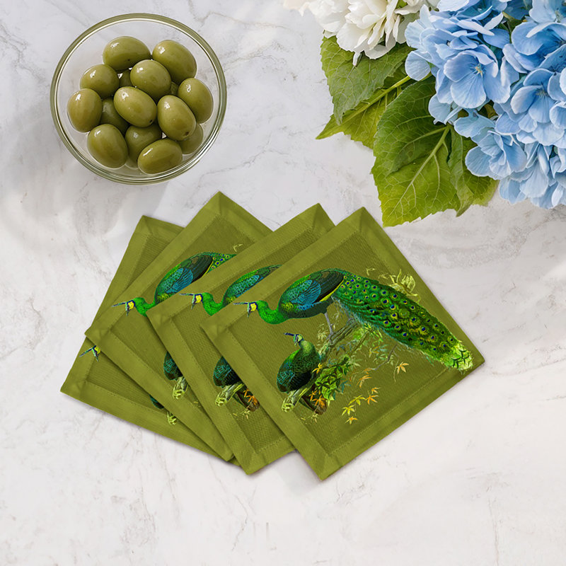 Family Pheasants Cotton Sateen Cocktail Napkins, Olive