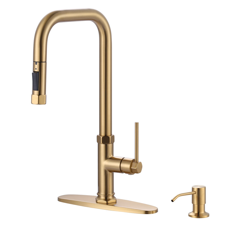 ARCORA Single Handle Pull Down Kitchen Faucet with Soap Dispenser and Deck Plate, Gold