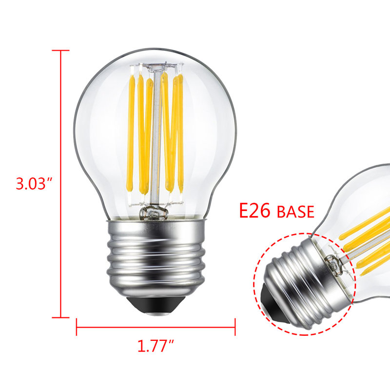 E26 Edison Filament Light Bulb, G45 6W Transparent CoverWarm White 