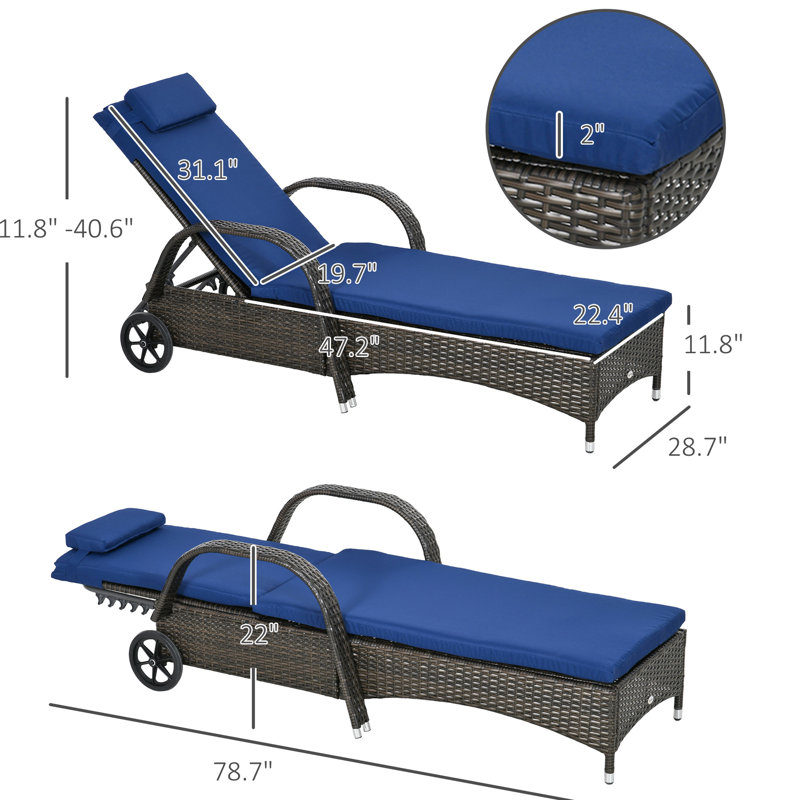 - Chaise longue de piscine, 5 réglages, roues, coussin et fauteuil de détente brun et bleu foncé avec réglages,