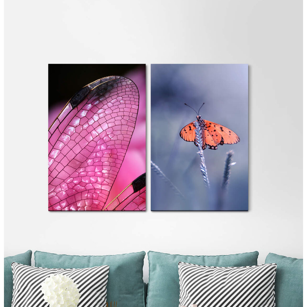 2-tlg. Leinwandbilder-Set - Grafikdruck „Butterfly Dragonfly Wings Delicate”