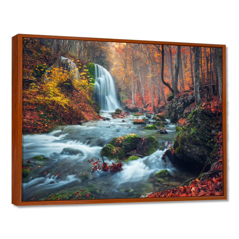 Autumn Mountain Waterfall Long View - Reproduction de photo sur toile tendue, H 16 po x l 32 po, Brun