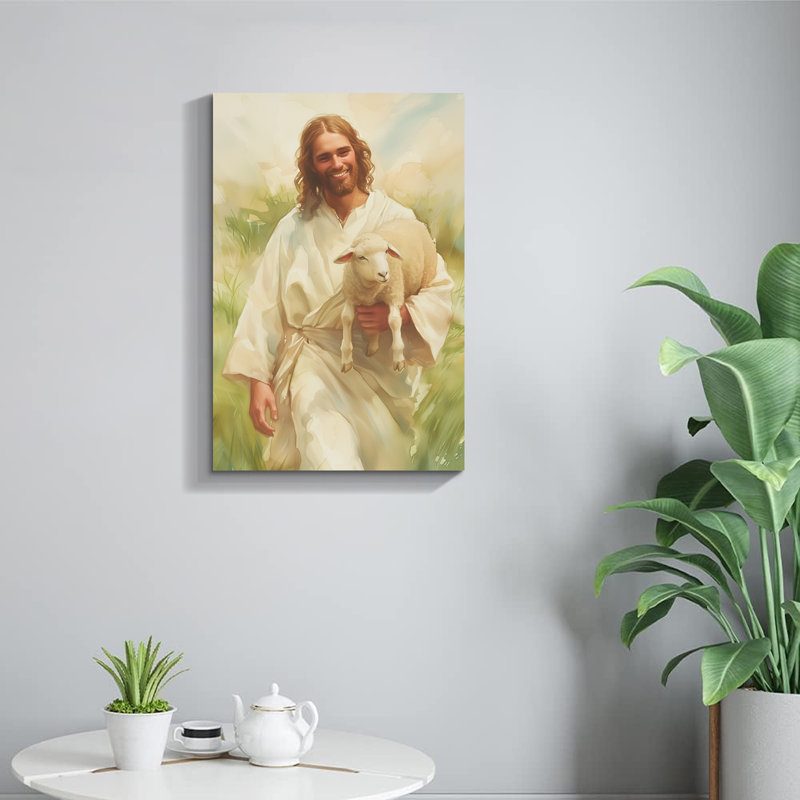 «Jesus with Lamb in Sunny Pasture - Christian Faith», impression sur toile tendue, H 18 po x l 12 po