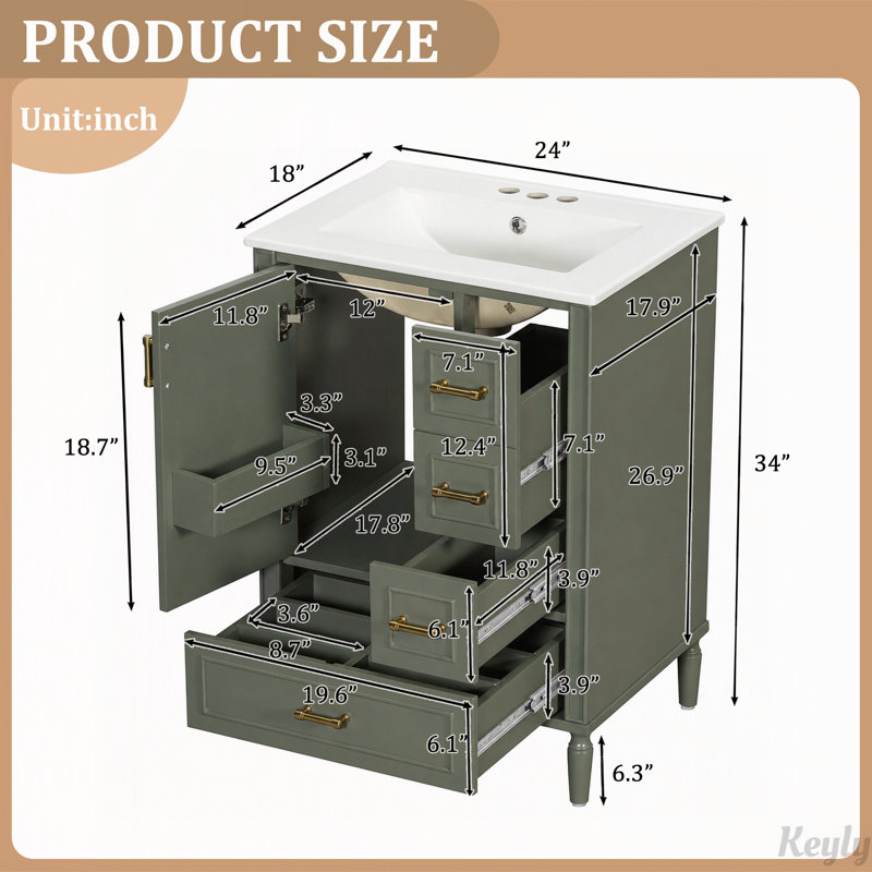 Meuble-lavabo moderne de 61 cm avec lavabo en céramique, Vert olive