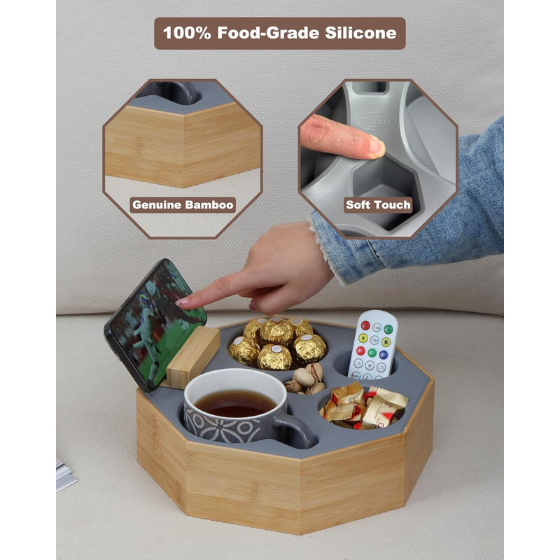 Couch Cup Holder Tray, Octagonal Silicone Bamboo Sofa Cup Holder