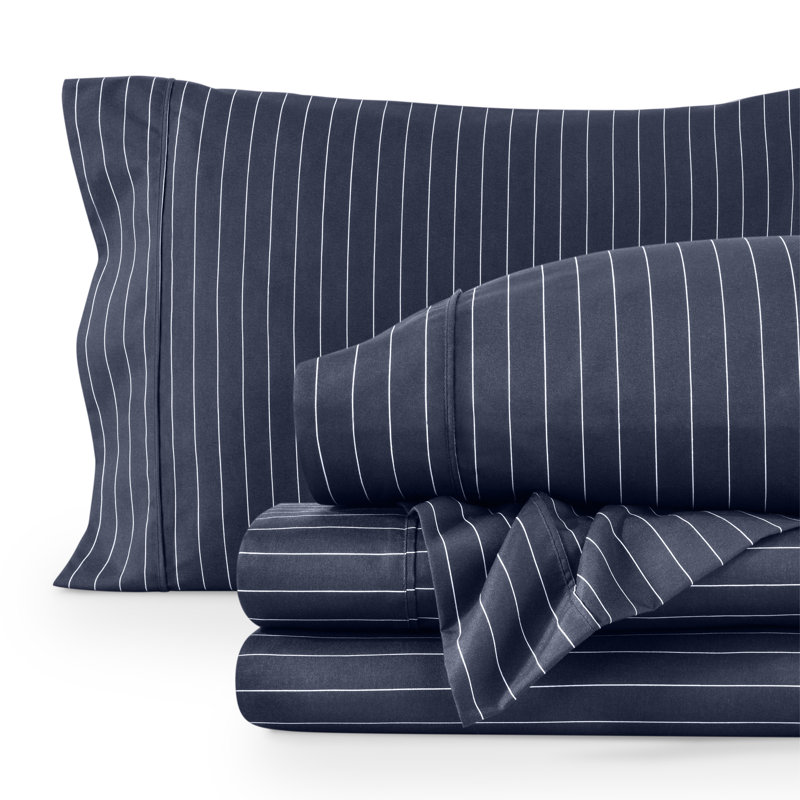Sheet Set - Ultra-Soft Microfiber Bed Sheets - Double Brushed - Deep Pockets - Easy Fit, Pinstripe - Midnight/White