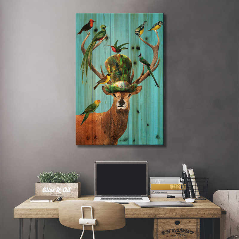 Cerf avec oiseaux, L 18 po x H 26 po