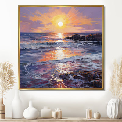 Purple Sunset Calm Waves Breaking At The Shore - Sunset Wall Art Print